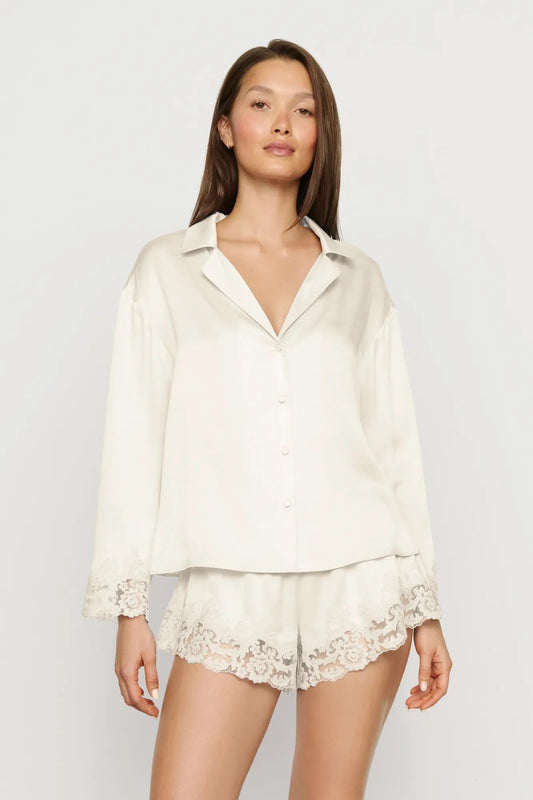 Eberjey Washable Silk with Lace Embroidery Long Sleeve Top & Short PJ Set